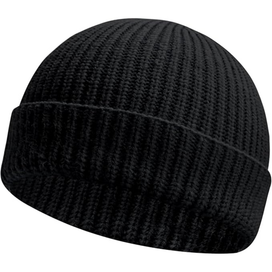 Unisex warm knitted beanie with low cuff for winter comfort. Acrylic, cozy, stylish.