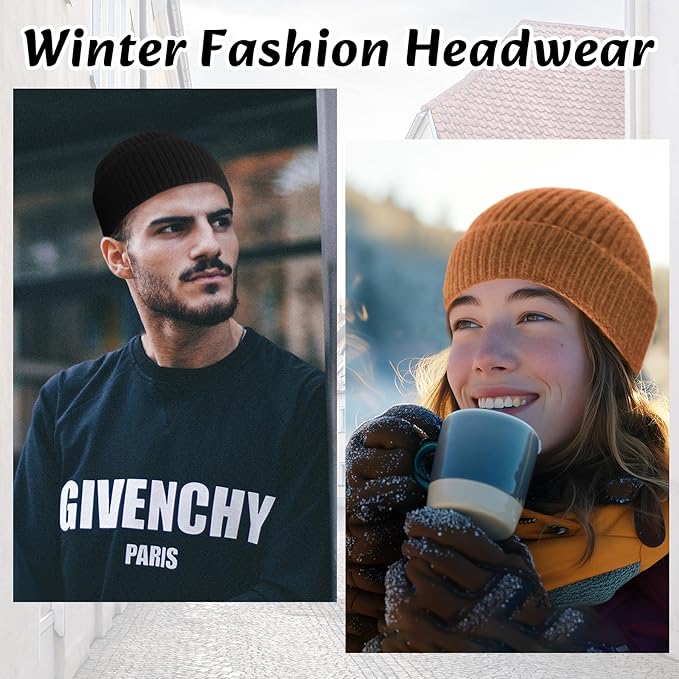 Stylish low cuff knitted beanie, unisex, offering warmth and a modern look for winter.