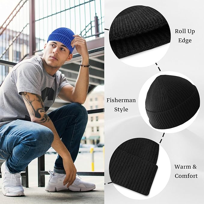 Durable acrylic knitted beanie, low cuff, excellent for outdoor gear & cold weather comfort.