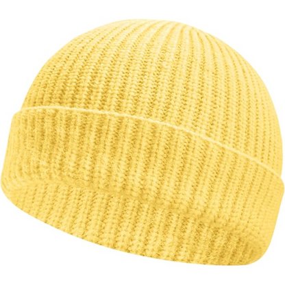 Warm acrylic knitted beanie, low cuff, perfect casual accessory for men and women in winter.