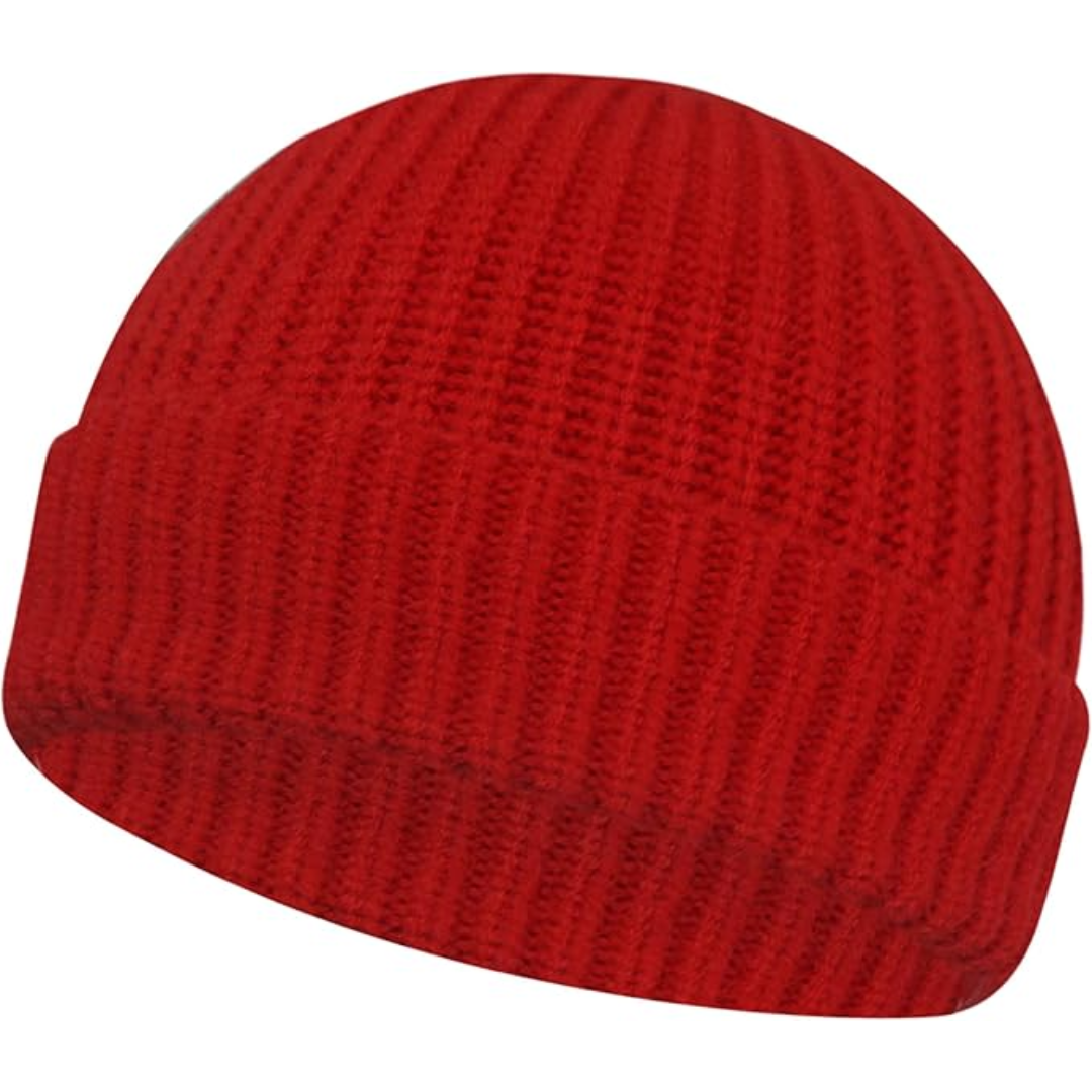 Versatile unisex winter hat, knitted acrylic, low cuff design for casual or outdoor wear.