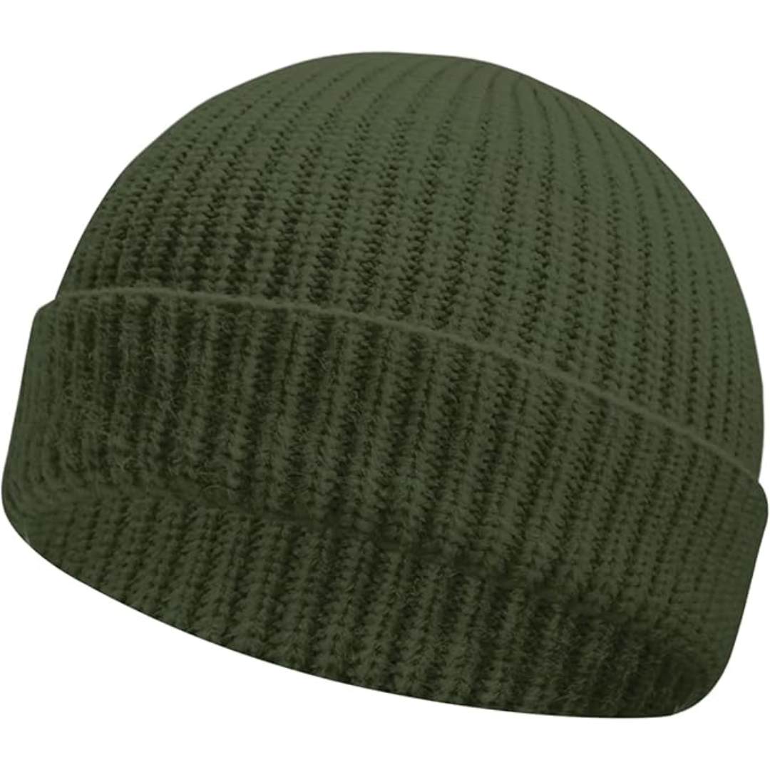 Fashionable warm beanie with a low cuff, essential cold weather gear for all genders.