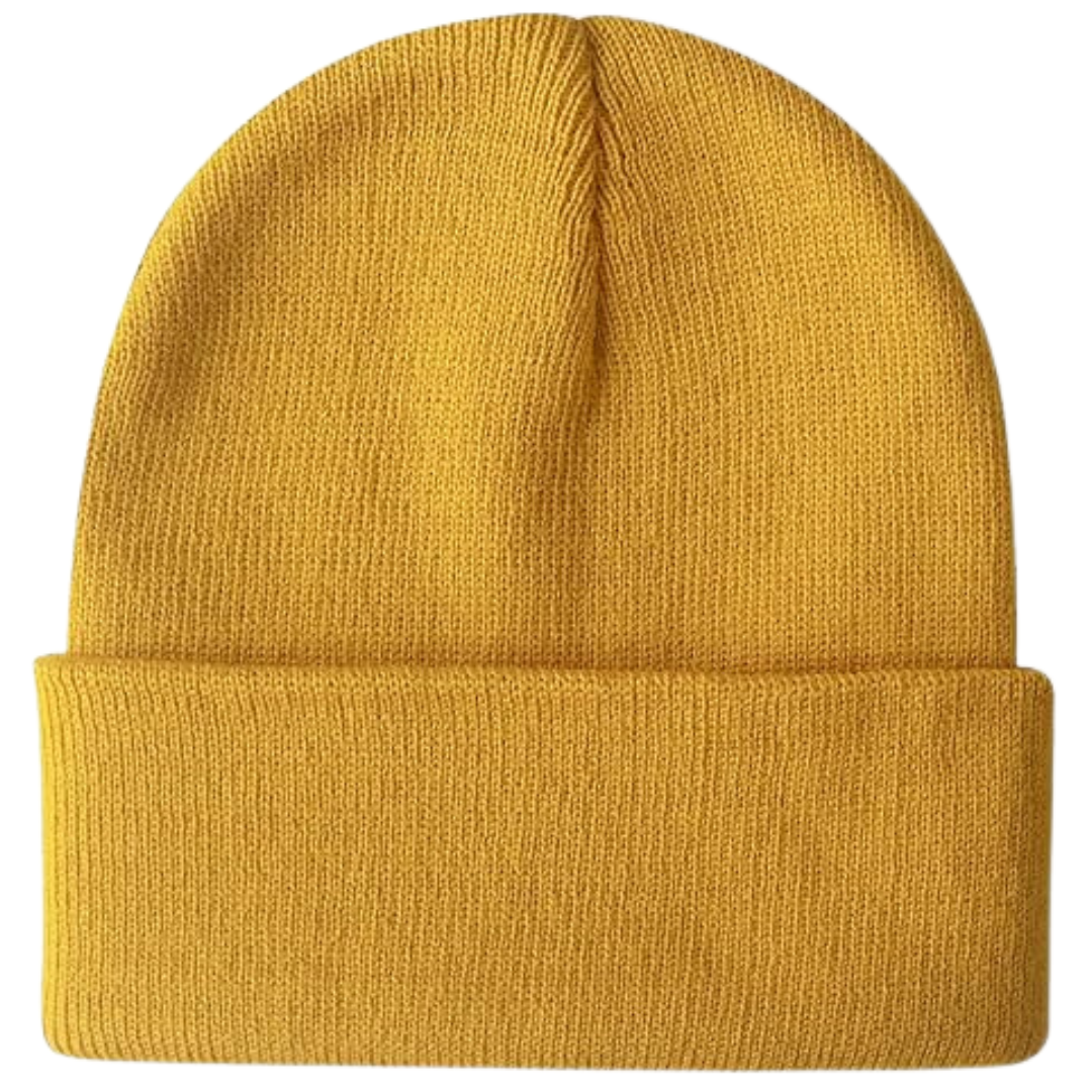 Assortment of colorful warm knitted winter beanies. Unisex headwear for cold weather comfort & fashion.
