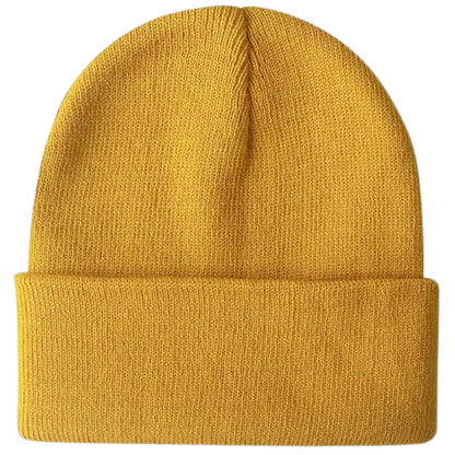 Assortment of colorful warm knitted winter beanies. Unisex headwear for cold weather comfort & fashion.