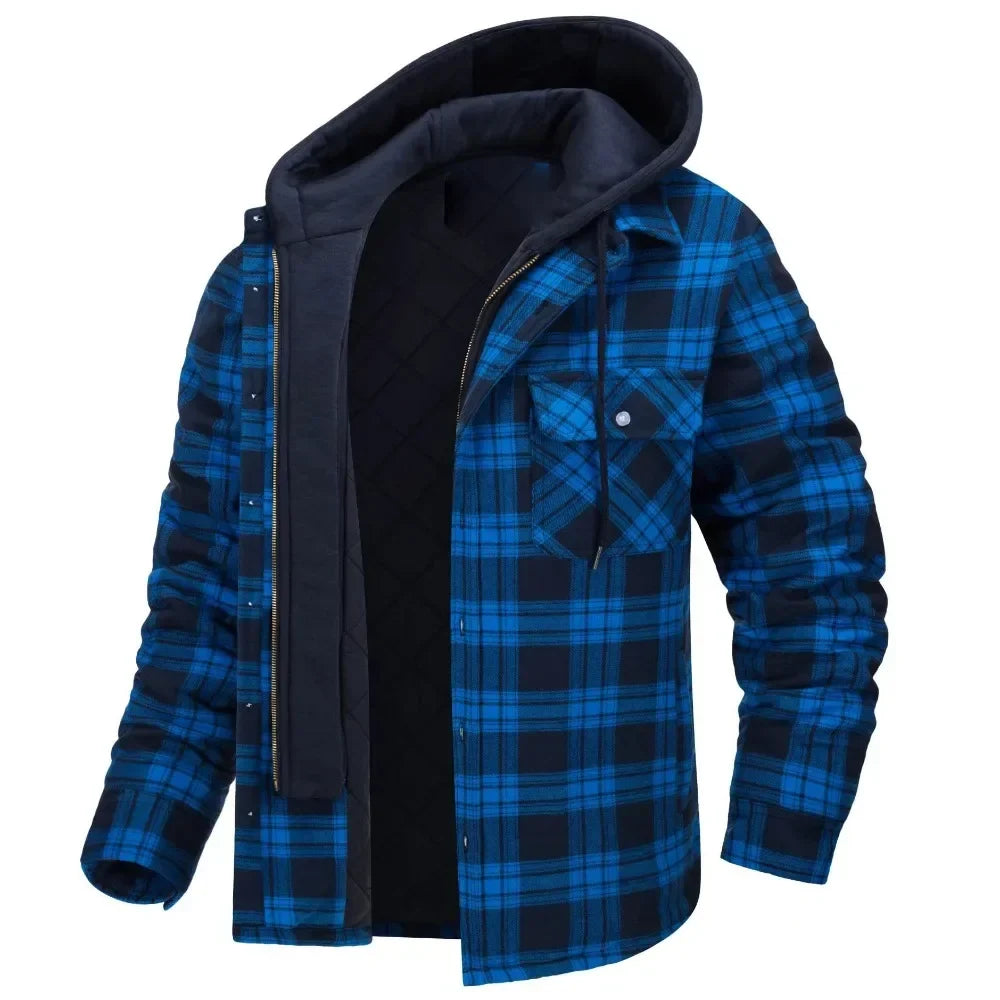 Cozy checkered plaid quilted hooded jacket. Unisex fall & winter outerwear.