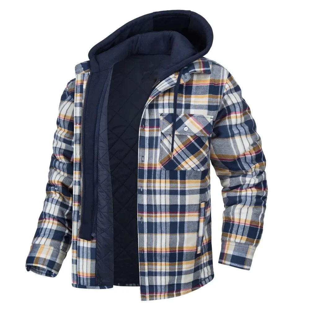 Warm unisex hooded quilted plaid coat, ideal for winter fashion and cold weather.