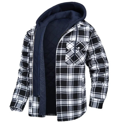 Casual unisex button-up plaid jacket. Hooded, quilted & warm for outdoor adventures.