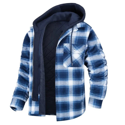 Stylish hooded quilted plaid outerwear. A warm unisex winter jacket for cold days.