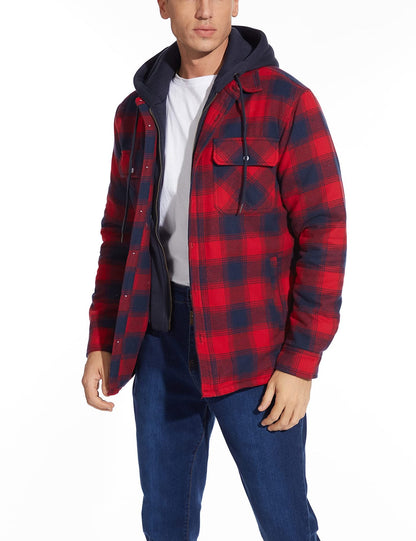 Unisex warm plaid hooded quilted jacket. Button-up design for winter & fall comfort.