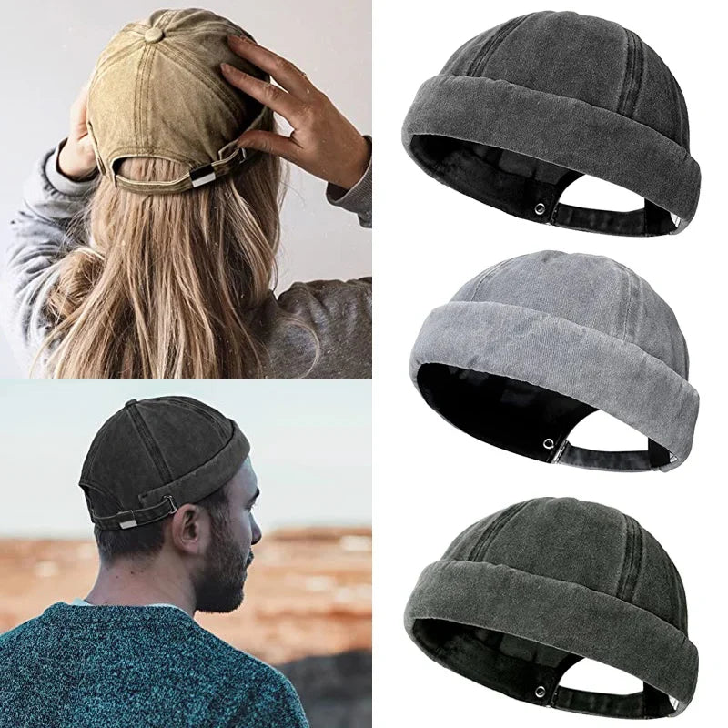 Washed cotton unisex brimless cap, adjustable for comfortable casual headwear.
