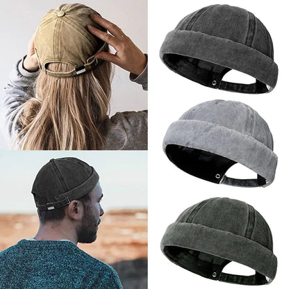 Washed cotton unisex brimless cap, adjustable for comfortable casual headwear.