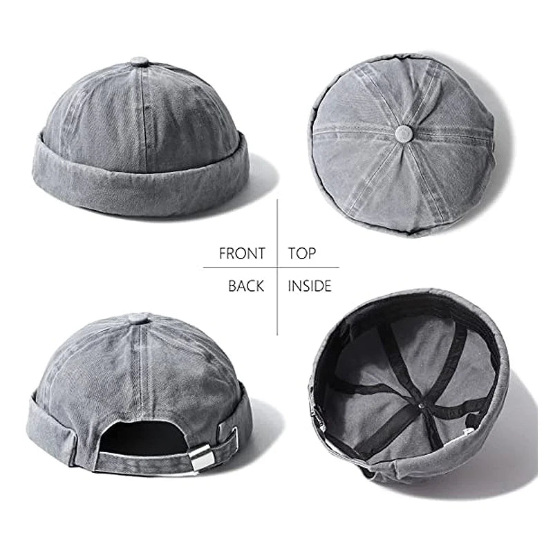 Street style unisex brimless hat with a distinctive rolled cuff, in washed cotton.