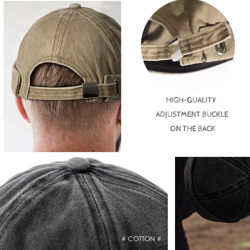 Unisex washed cotton cap with a unique rolled cuff, a brimless design for modern casual wear.