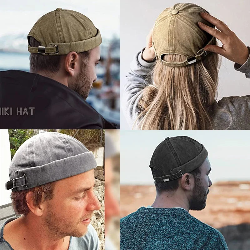 Adjustable washed brimless cap, unisex design with rolled cuff, perfect for everyday casual style.