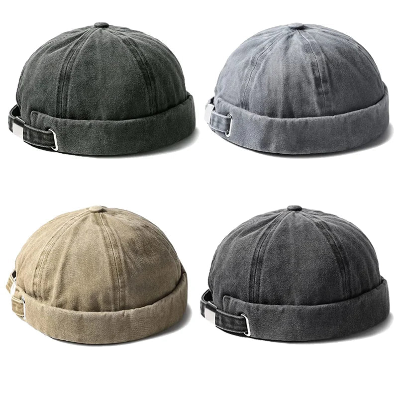 Stylish unisex brimless cap, washed cotton, rolled cuff design, ideal for street style.