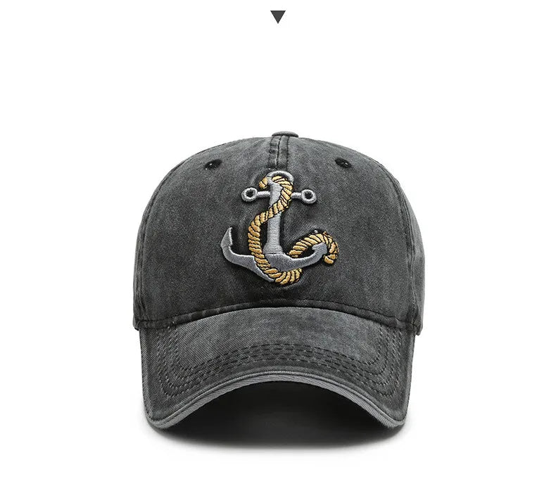 Vintage style low profile washed baseball cap, unisex, featuring a unique embroidered anchor design.