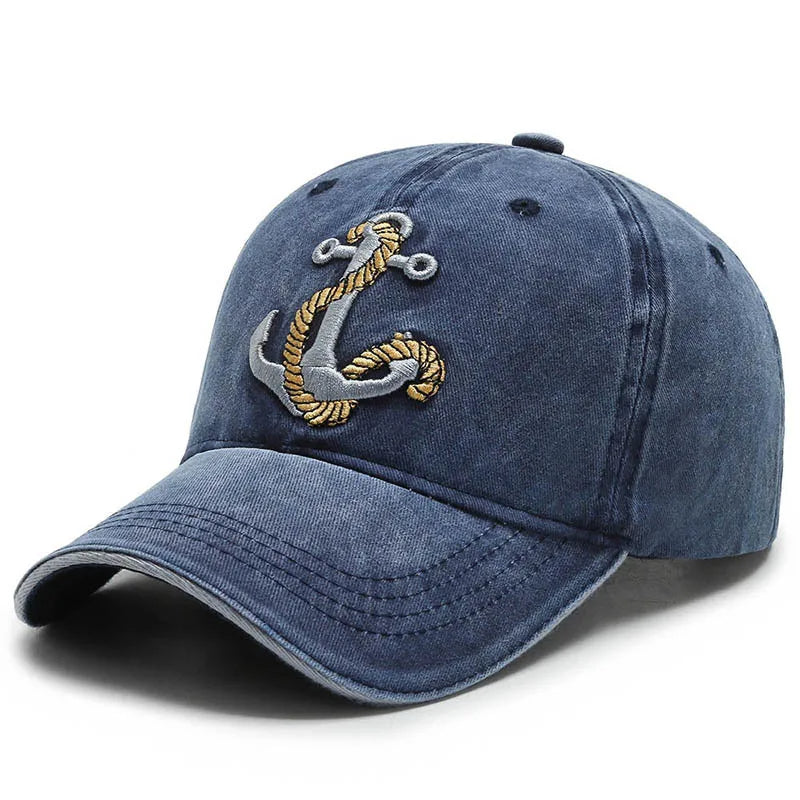 Low profile unisex washed cotton cotton baseball cap, vintage style, adjustable, with a subtle embroidered anchor.