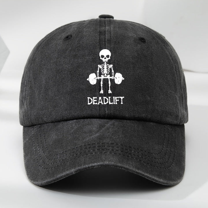 Unisex washed deadlift cap for gym workouts & weightlifting. Adjustable cotton fitness hat with graphic.