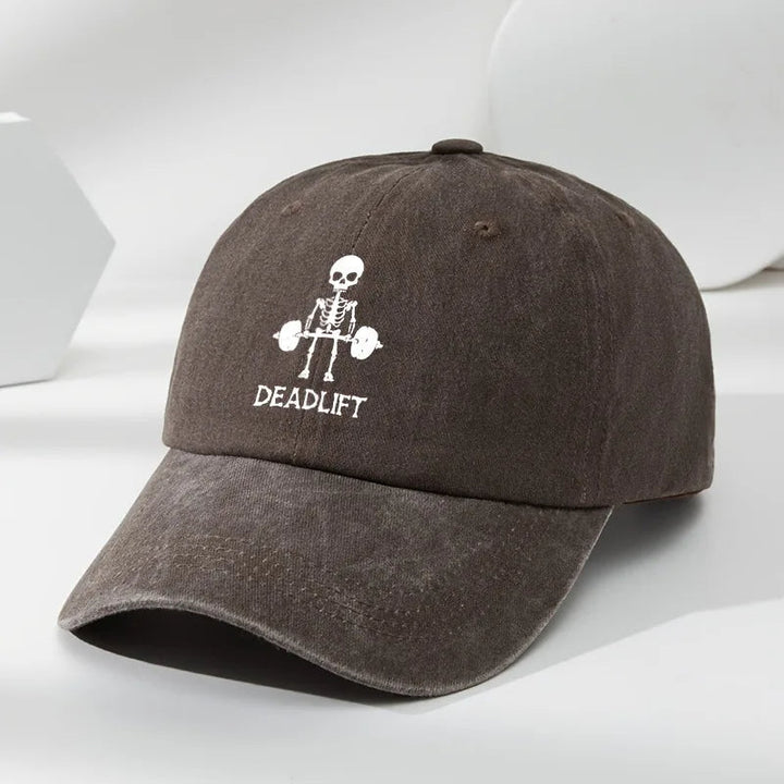 Unisex deadlift cap. Washed cotton gym hat for fitness & heavy lifting. Adjustable activewear.