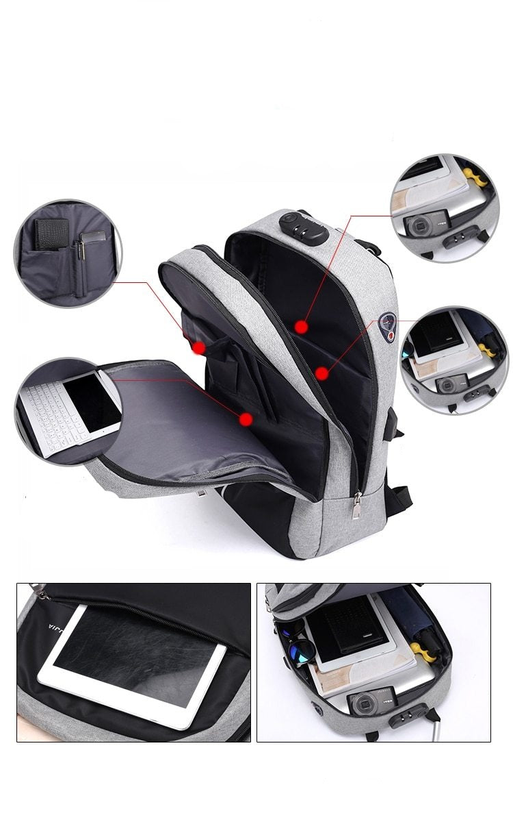 Stylish water-resistant laptop backpack featuring an integrated USB charging port, perfect for safe commuting.