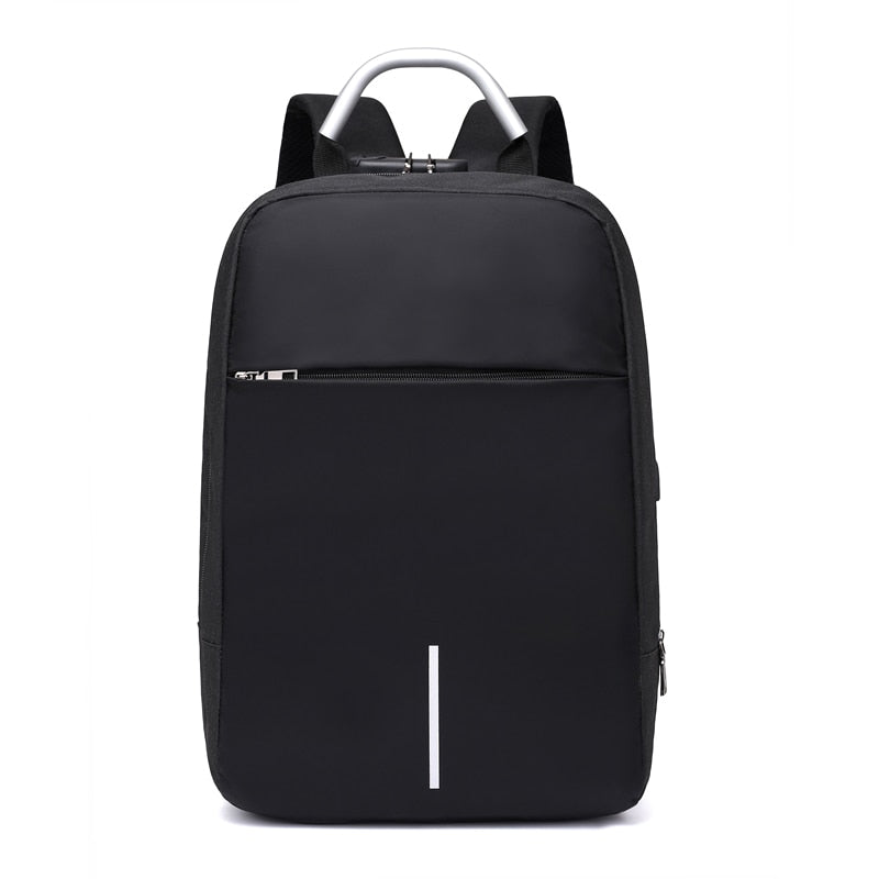 Ergonomic water-resistant backpack for men & women, anti-theft design, USB charging, comfortable for all-day wear.