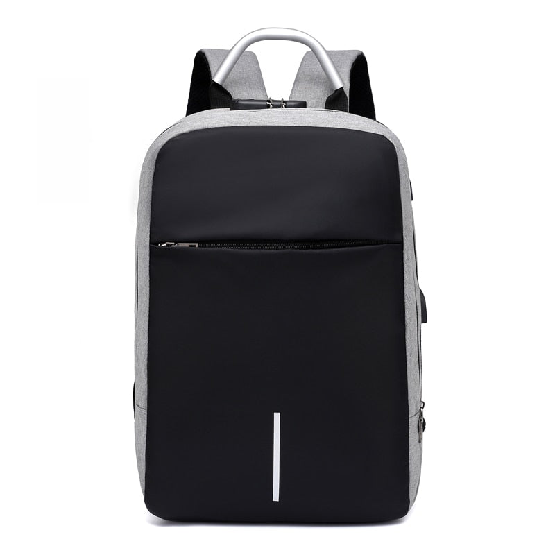 Close-up of the anti-theft backpack's hidden zippers and external USB charging port, ensuring security & convenience.