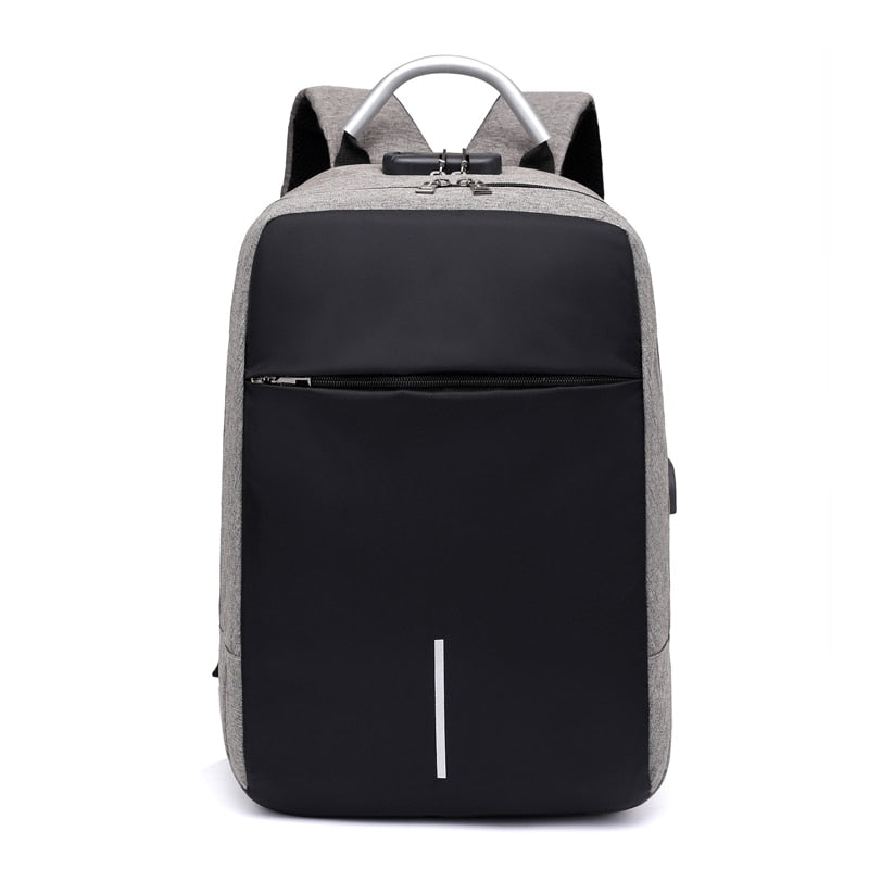 Sleek black anti-theft laptop backpack, water-resistant material, with USB charging for modern travel & work.