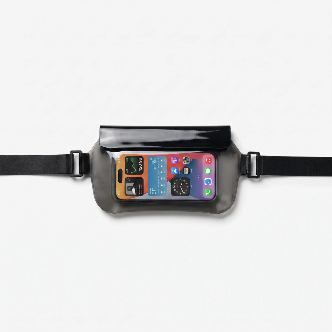 Splash-proof waist bag with a clear phone window for hands-free access during hiking or cycling.