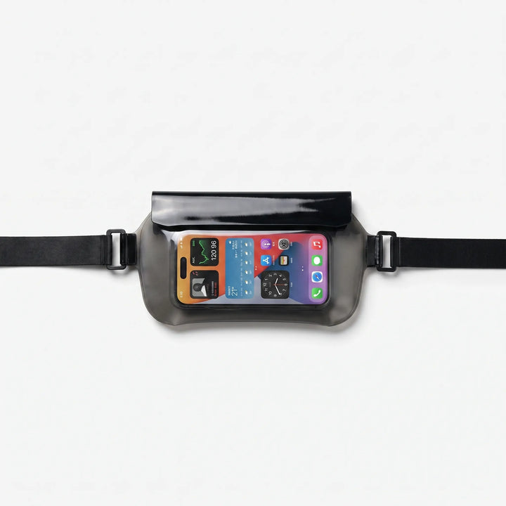 Splash-proof waist bag with a clear phone window for hands-free access during hiking or cycling.