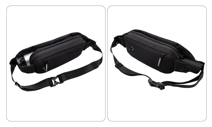 Sporty water-resistant multi-pocket waist pack, perfect for hiking, running, & outdoor adventure. Unisex hands-free.