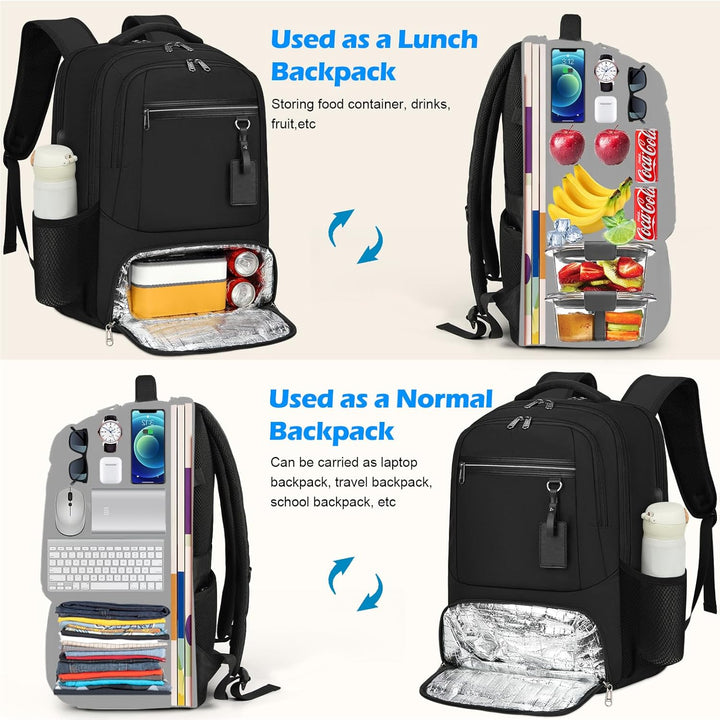 Interior view: Spacious laptop backpack with padded laptop sleeve & insulated lunch section.