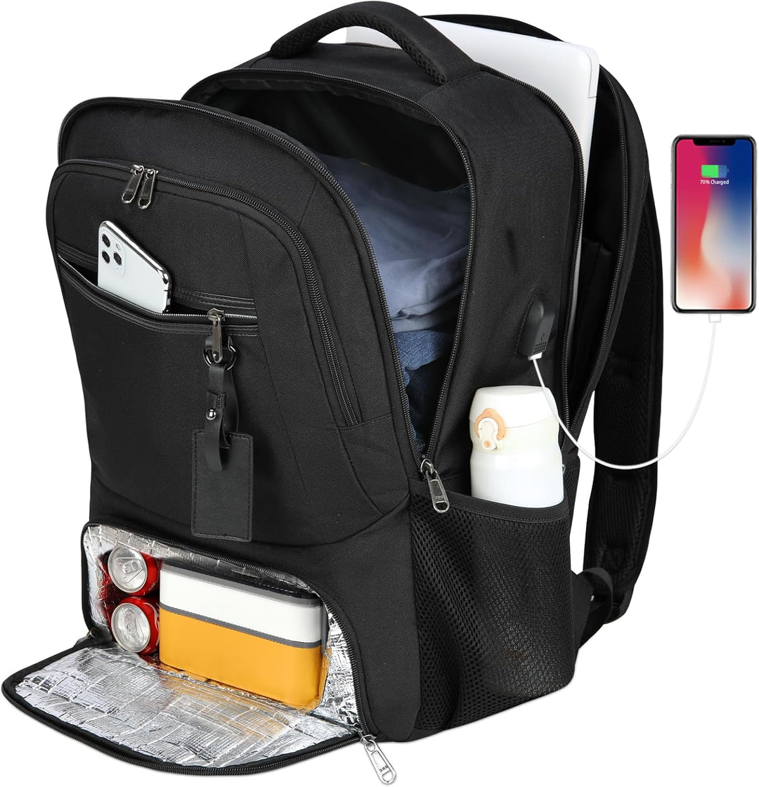 Front view: Black water-resistant laptop backpack, multiple pockets, sturdy for daily use.