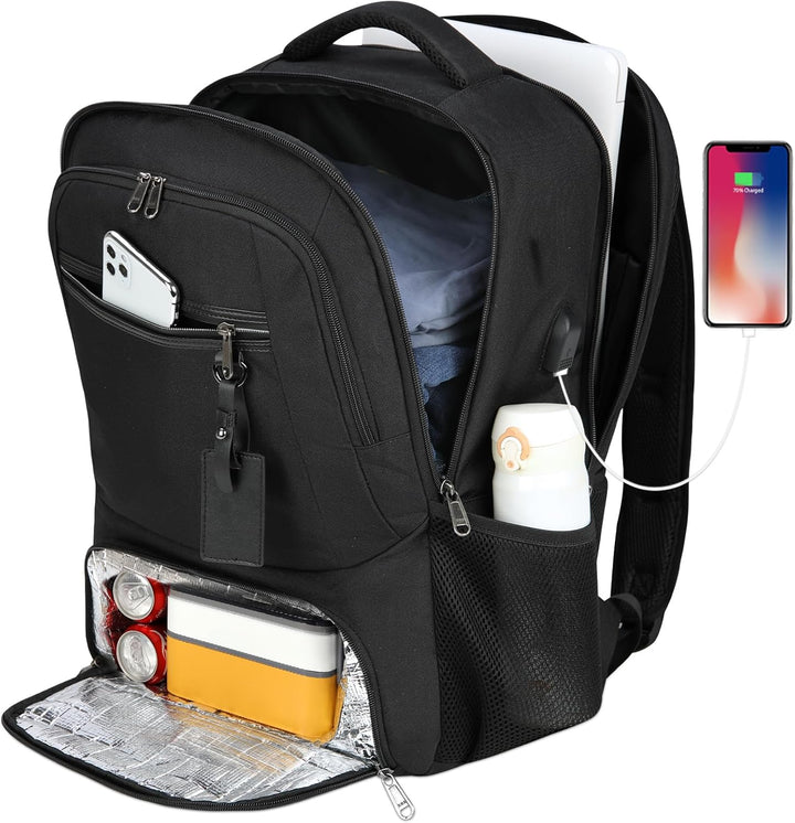 Front view: Black water-resistant laptop backpack, multiple pockets, sturdy for daily use.