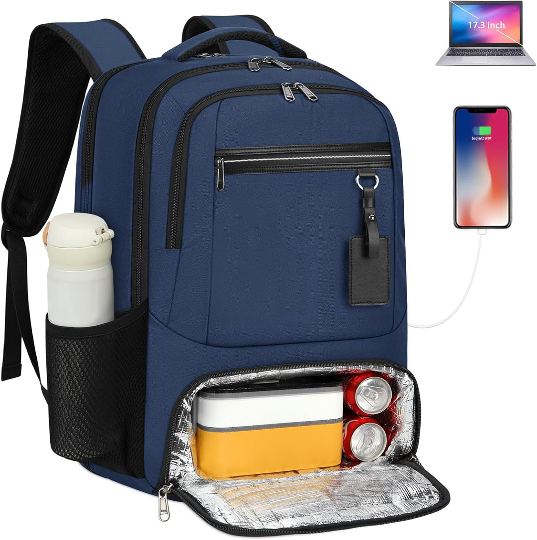 Person wearing a dark grey water-resistant laptop backpack with insulated lunch pocket, urban commute.