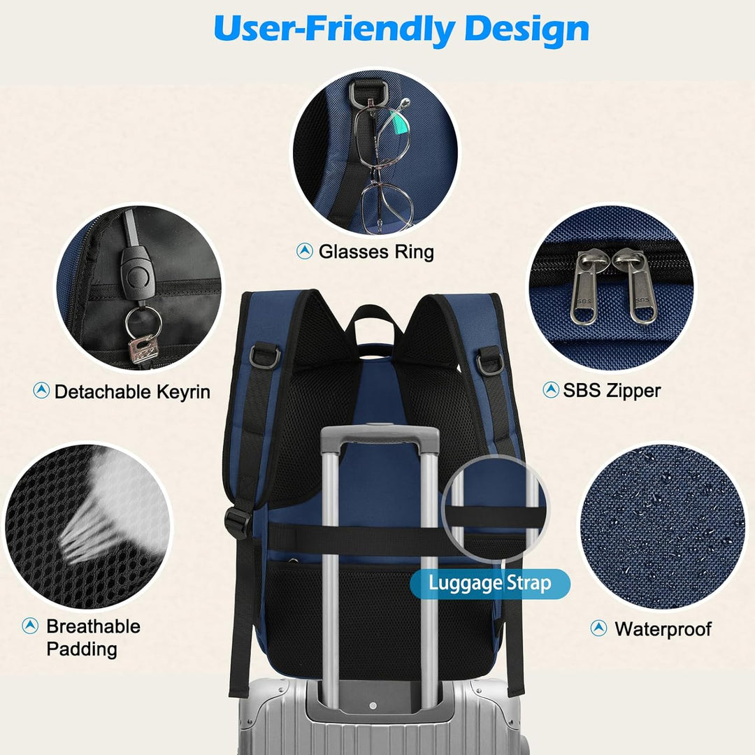 USB charging port detail on a dark grey water-resistant laptop backpack with insulated lunch.