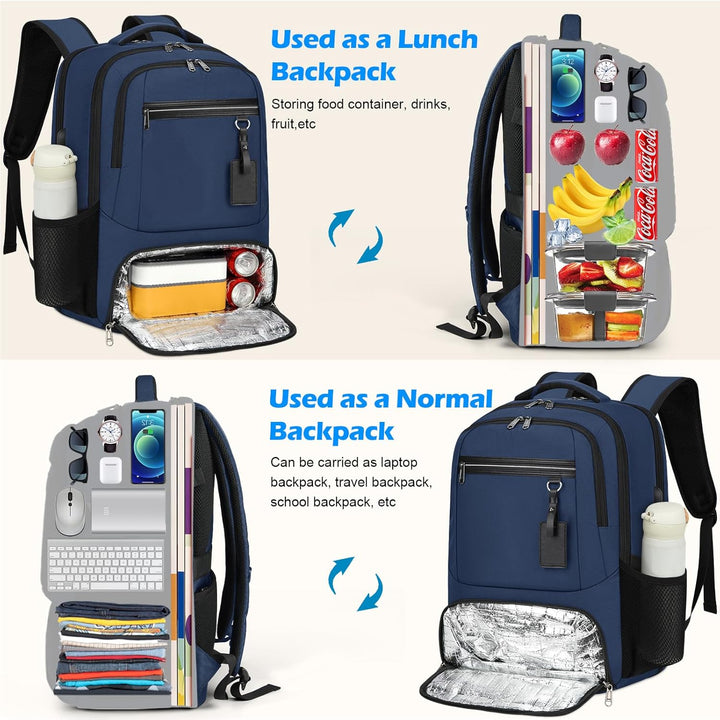 Efficient unisex laptop backpack: water-resistant, insulated lunch, USB. Perfect for busy lives.