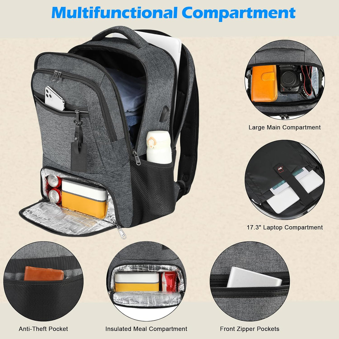 Black USB laptop backpack with insulated lunch bag. Water-resistant work/school travel backpack.