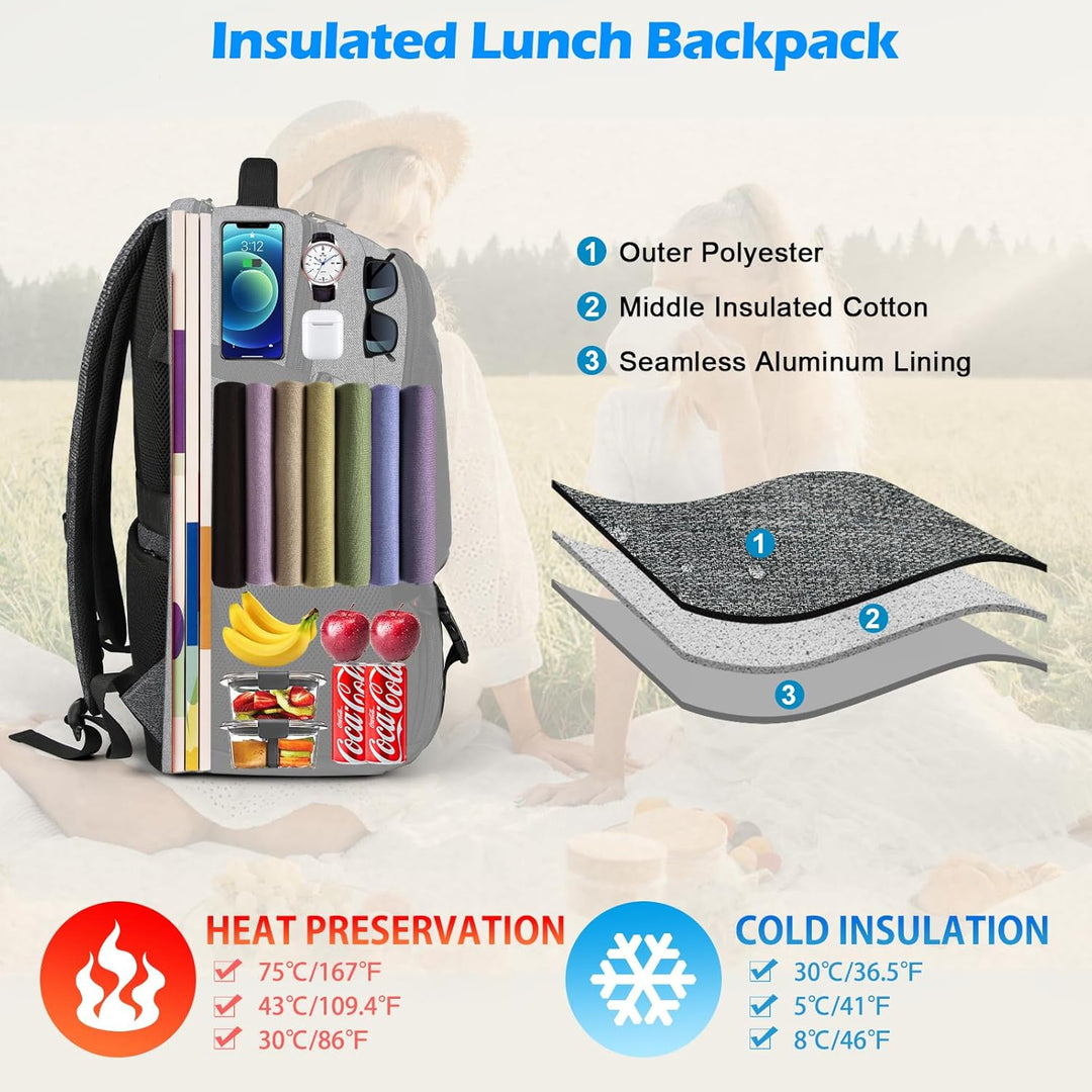 Dark grey water-resistant school laptop backpack with insulated lunch pocket. Ideal for students.