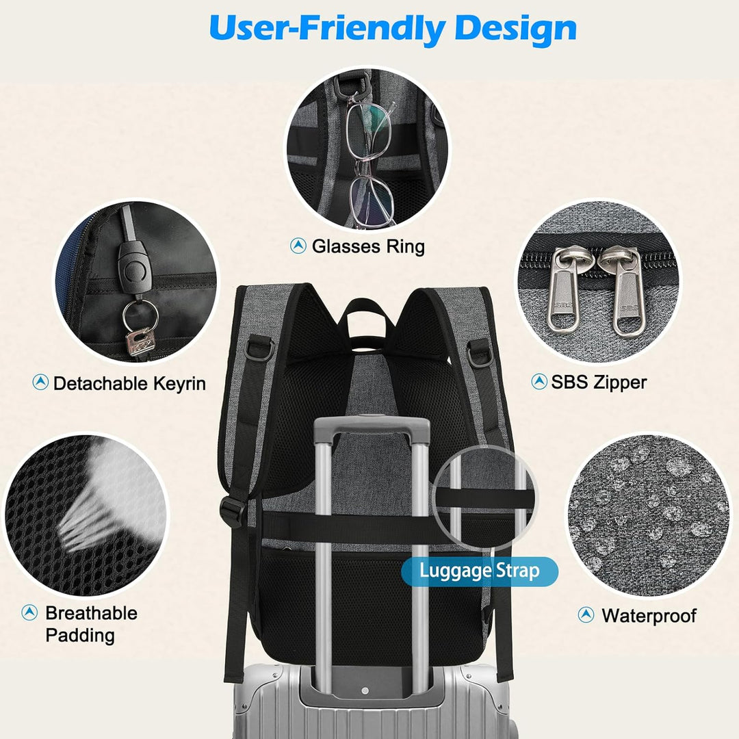 Durable travel laptop backpack. Water-resistant with insulated lunch pocket for adventures.