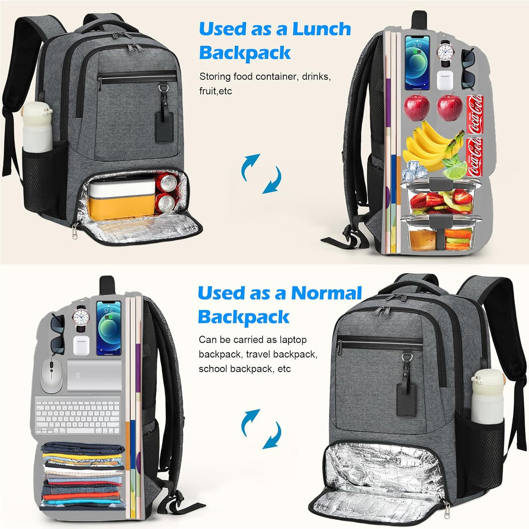 Unisex water-resistant laptop backpack, 15.6" laptop sleeve, insulated lunch compartment.
