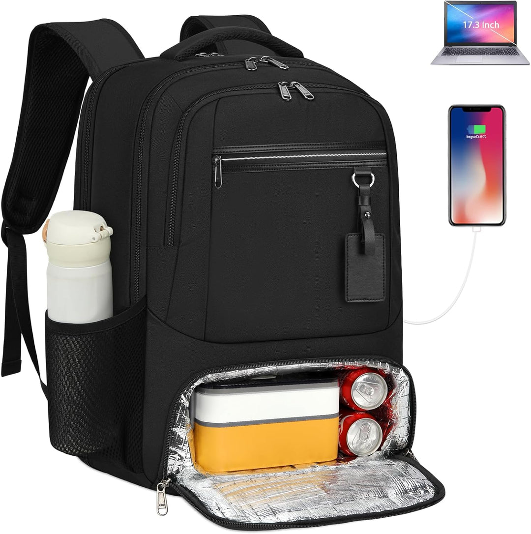 Commute laptop backpack with insulated lunch pocket & USB port. Water-resistant design.