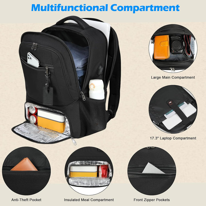 Dark grey water-resistant laptop backpack with USB port & insulated lunch pocket.