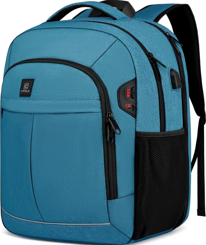 Unisex water-resistant laptop backpack with USB port and anti-theft design.