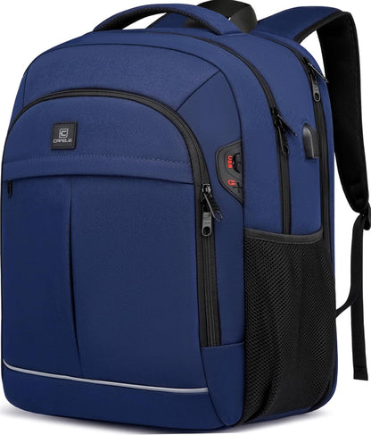 Black water-resistant anti-theft laptop backpack for secure travel, USB charging included.