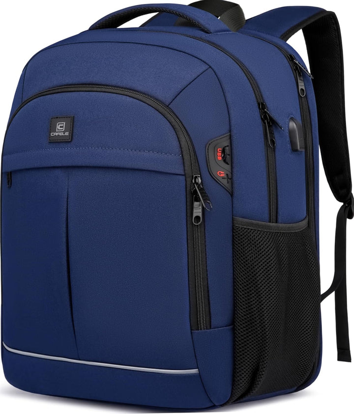 Black water-resistant anti-theft laptop backpack for secure travel, USB charging included.