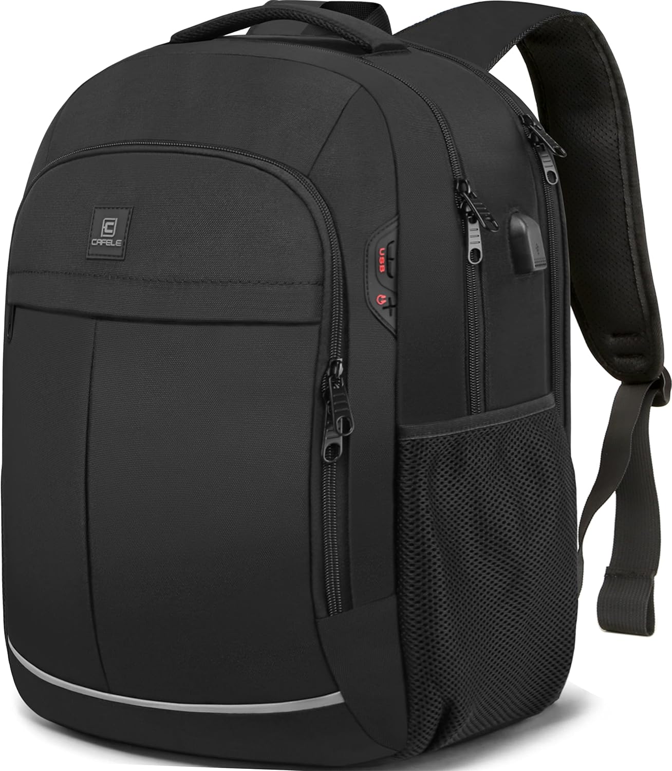 TechPro water-resistant travel backpack, anti-theft with USB charging, holds up to 15.6" laptop.
