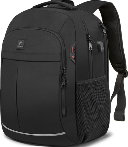 TechPro water-resistant travel backpack, anti-theft with USB charging, holds up to 15.6" laptop.
