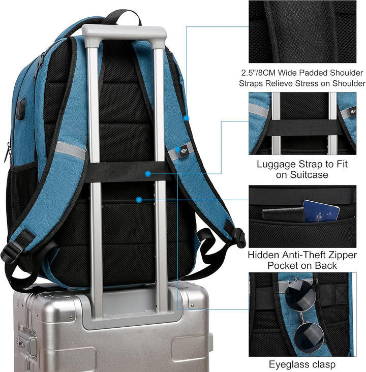 Commuter water-resistant laptop backpack, secure anti-theft, and USB charging functionality.