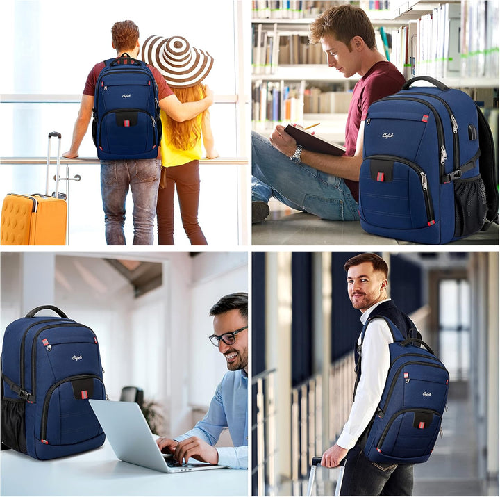 RFID protected water-resistant laptop backpack, anti-theft design, with external USB port.