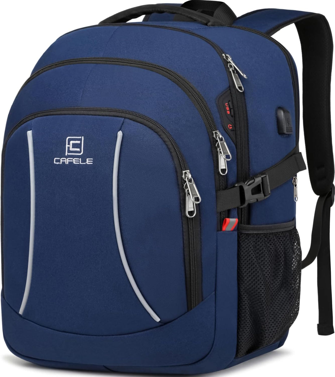 Spacious water-resistant backpack, perfect for laptops, USB charging & anti-theft security.
